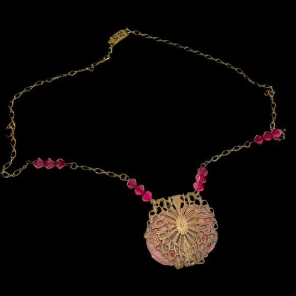 Vintage Art Deco Czech(?) Red Art Glass & Crystal Brass Necklace - Picture 3 of 12